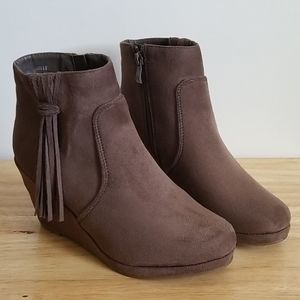 JG Brown Fringe Wedge Ankle Bootie